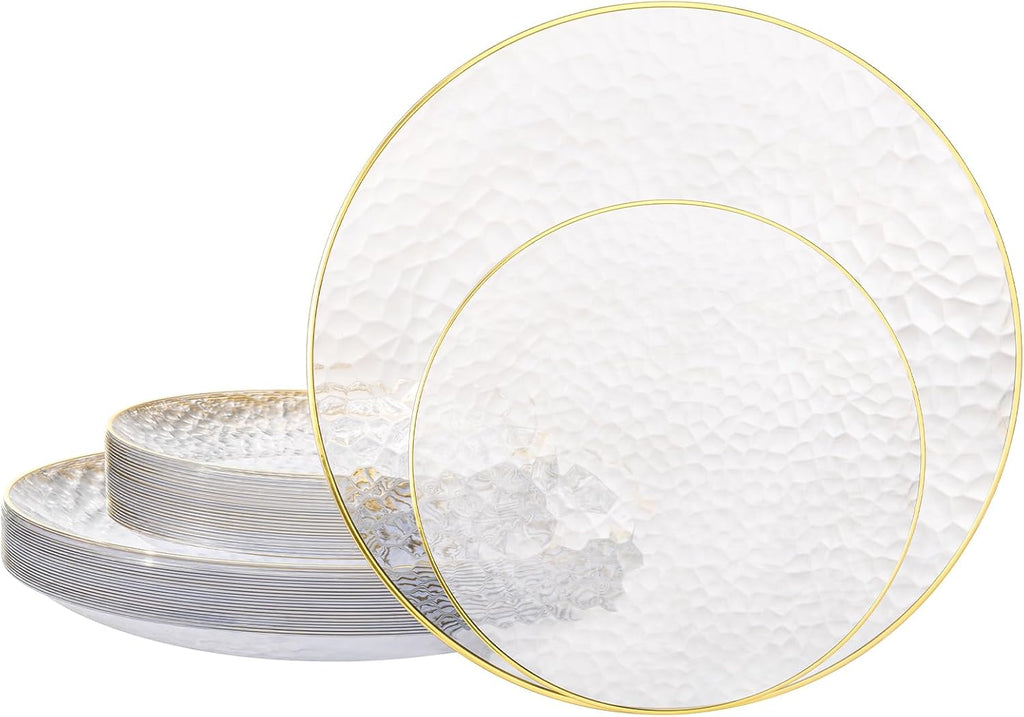 Regine Switzerland Crystal Clear Plastic Plates - Elegant Gold Rim Disposable Dinnerware Set | 50 Pcs (25 Dinner & 25 Salad Plates) for Weddings & Parties