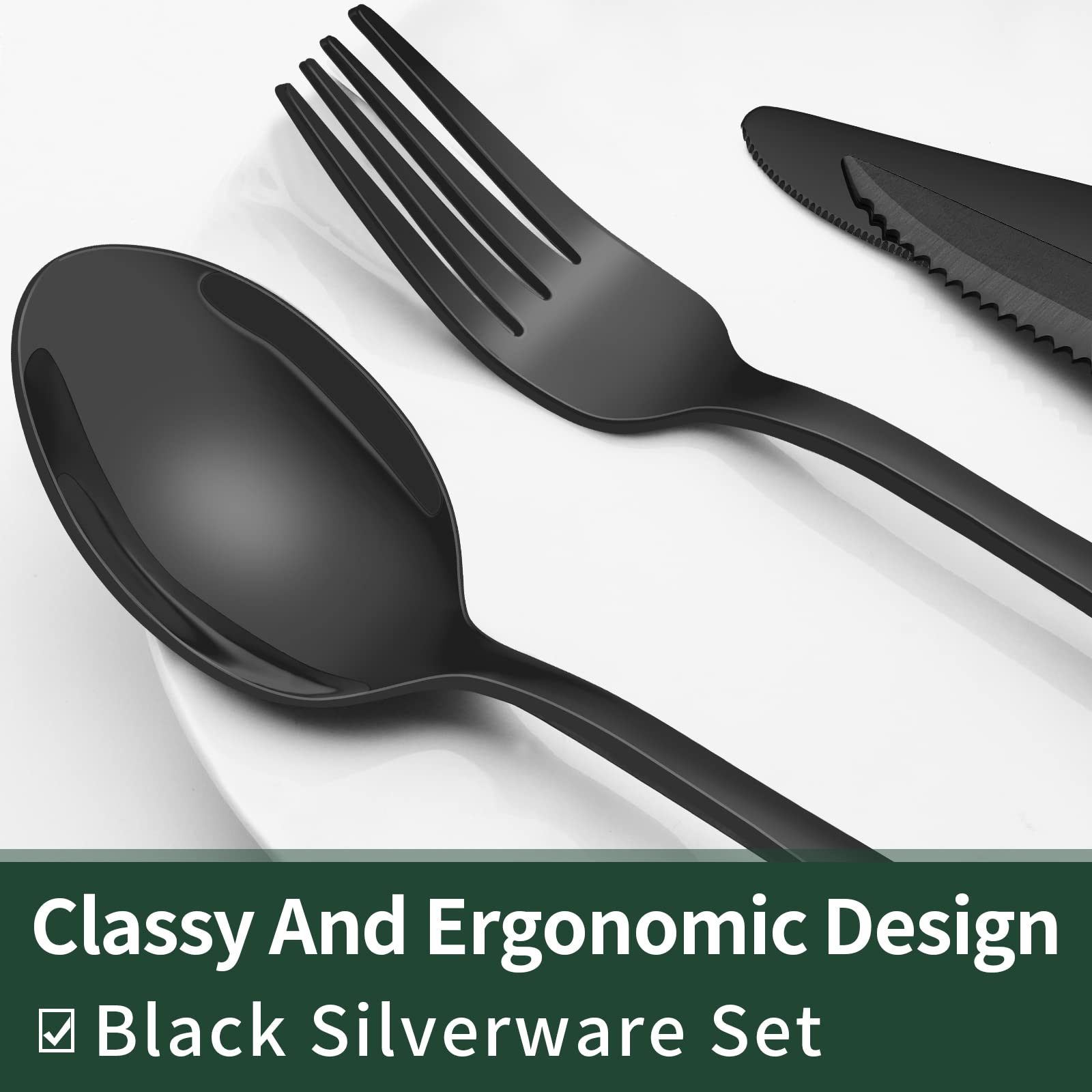 EWFEN 24-Piece Black Silverware Set with Steak Knives, Black Flatware Set for 4, Food-Grade Stainless Steel Tableware Cutlery Set, Mirror Finished Utensil Sets for Home Restaurant, Round Edge