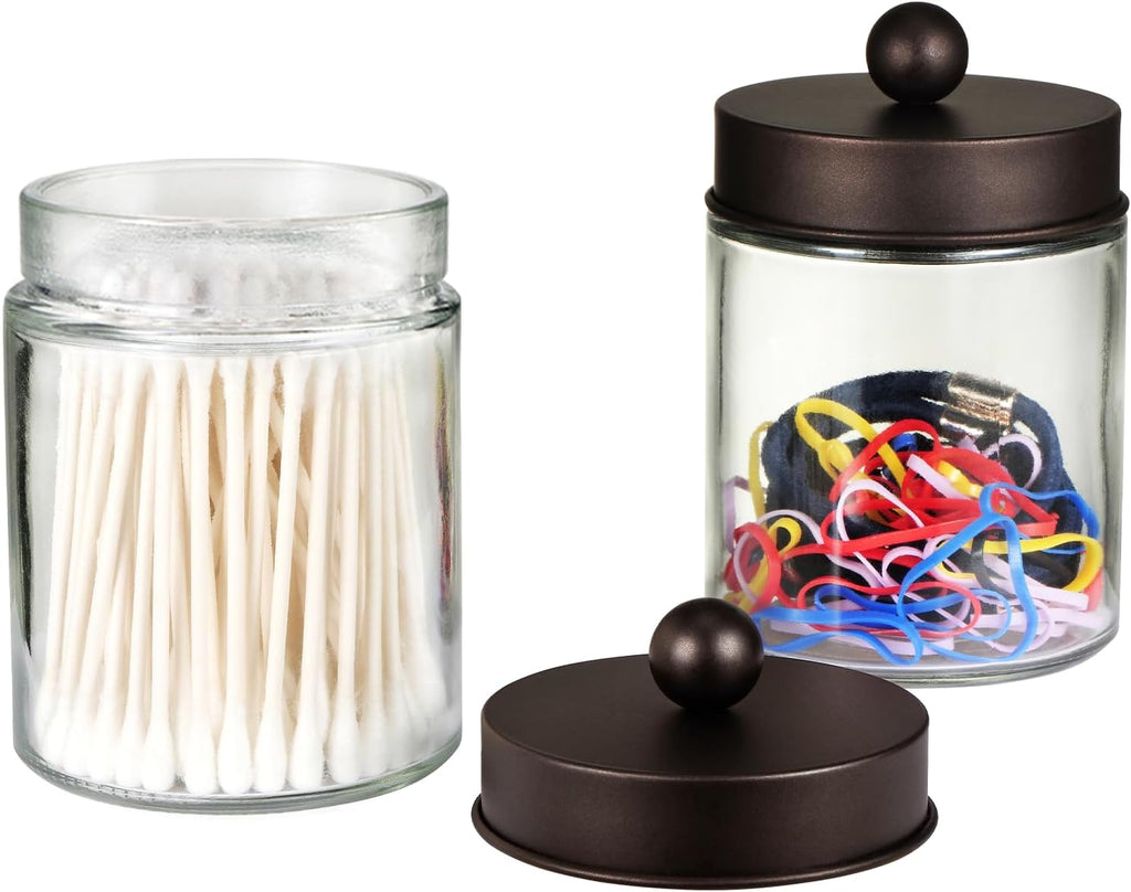 SheeChung Qtip Dispenser Holder Set - 4 Glass Apothecary Jars with Bronze Lids & Stickers | Bathroom Organizer