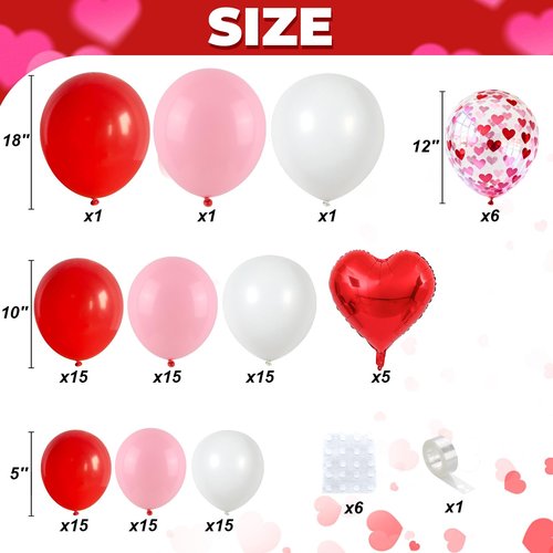 Valentines Red Pink White Balloons Arch Garland Kit, Valentine's Day Love Balloons Red Pink Heart Balloons for Women Girls Romantic Valentine Galentines Day Birthday Bridal Shower Party Decorations