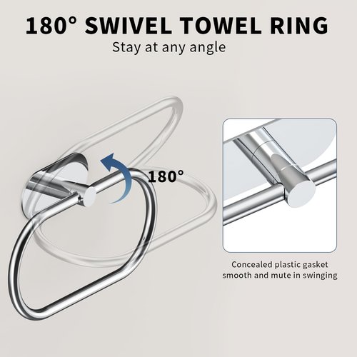 WZRUA Adhesive Towel Holder for Bathroom Polished Chrome No Drill Hand Towel Ring Stainless Steel and Zinc Alloy Self Adhesive Towel Hanger for Bath, Kitchen