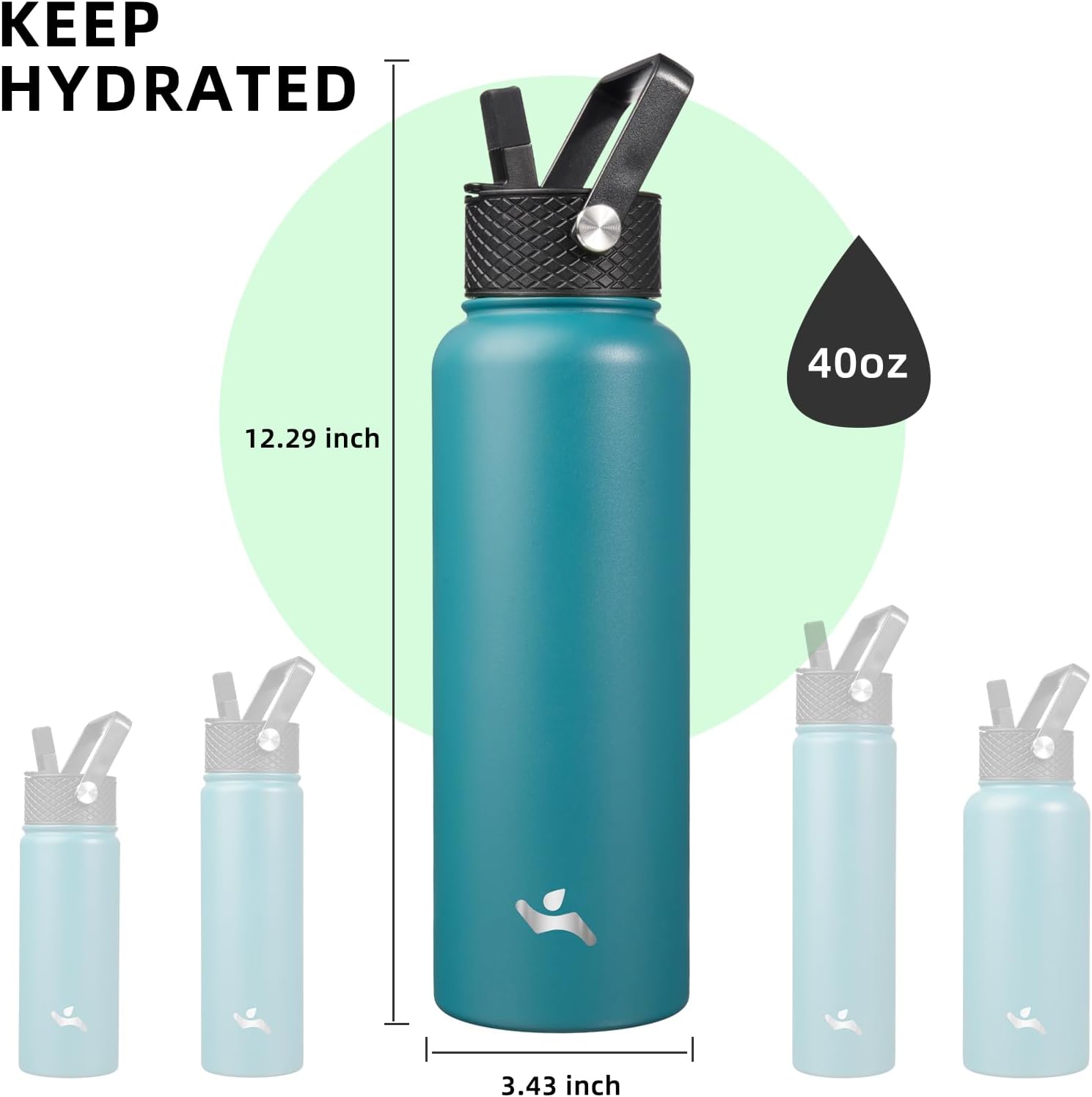 Skiennix 40oz Insulated Water Bottle - Stainless Steel Sport Bottle with 3 Lids | Light Blue