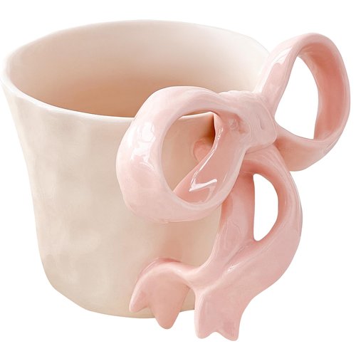 Movlen Pink Ceramic Coffee Mug with Bow Handle, Cute Girly Cup for 14oz, Handmade Kawaii Soup Mug for Latte Tea Milk Cocoa, Pretty Birthday Valentine Gifts for Women and Girls