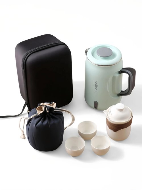 Complete Travel Tea Set with Mini Electric Kettle 0.6L, Hardshell Case for Portable Travel Hot Water Boiler, Teapot with Strainer, Cups and Protect Bag for Home, Office, and Camping Green