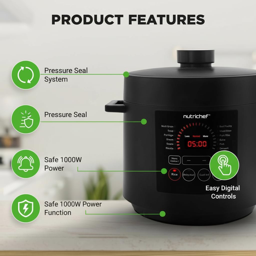 NutriChef Electric Pressure Cooker - 6 Quart Capacity | 9-in-1 Digital Functions | Adjustable Time & Temperature | Black Finish