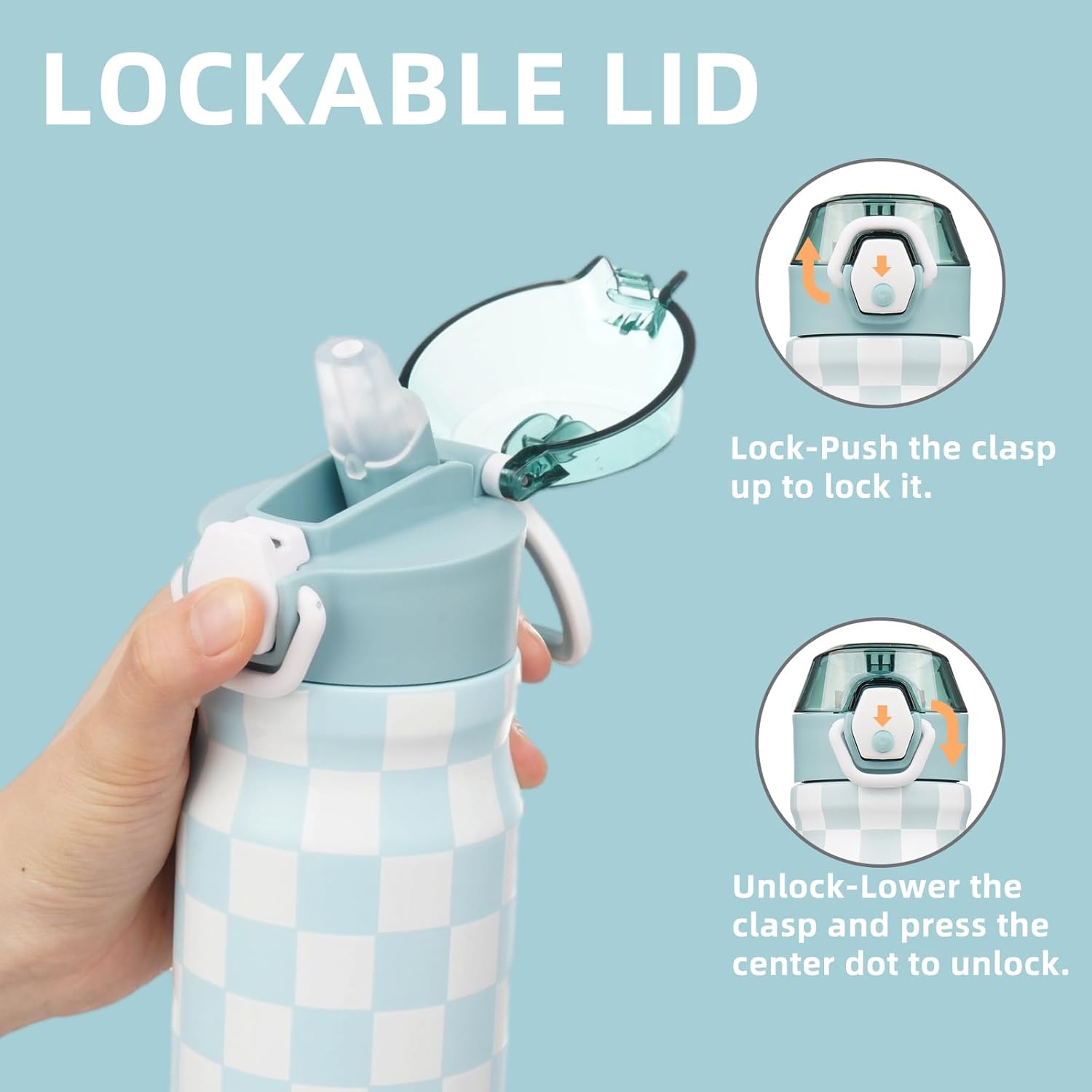 Skiennix Insulated Water Bottle - 18 oz Stainless Steel Flask with Straw & Carry Loop | Blue White Plaid