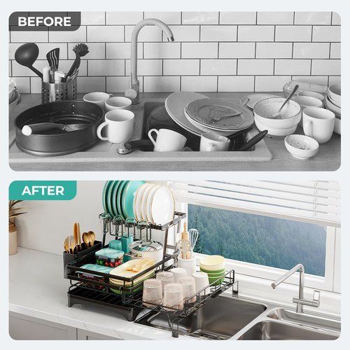 HANLE 2 Tier Dish Drying Rack - Large Extendable Dish Rack, 2-in-1 Anti-Rust Stainless Steel Dishrack for Kitchen Counter and Sink, Dish Strainer with Utensil Holder & Cup Holder(Black)