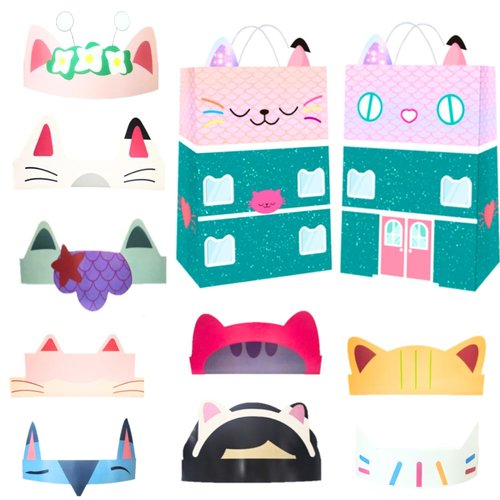 Cat Dollhouse Birthday Party Favors- 18 Favors Bags and 18 Paper Crowns Headbands Party Favors