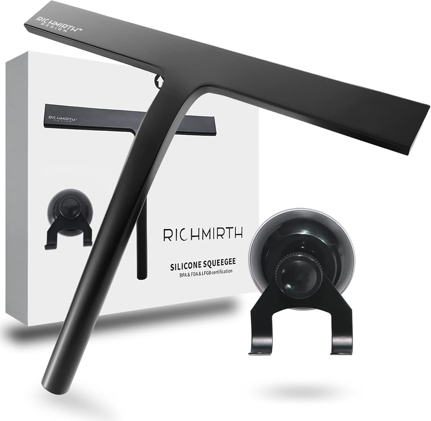 Shower Squeegee - 10-Inch All-Purpose Glass Door Cleaner with Suction Cup Hooks - Black
