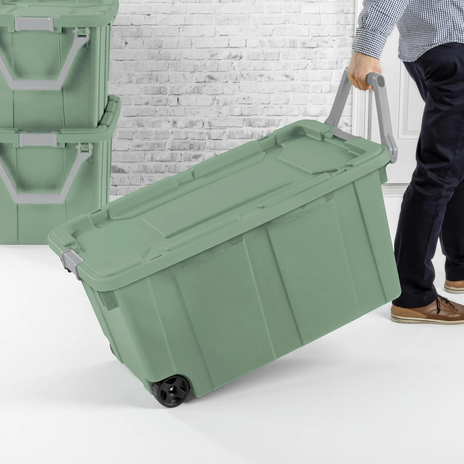 40 Gallon Storage Bin by [Brand Name] - Tough Wheeled Industrial Tote | Stackable Plastic Container, Green Sage - 2 Pack