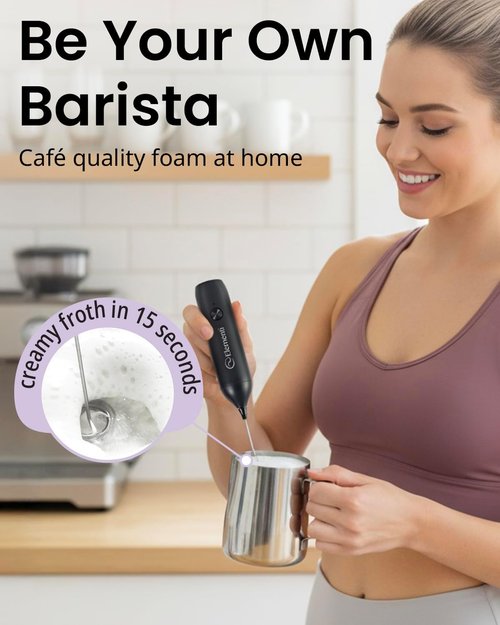 Elementi Pink Milk Frother Wand Rechargeable Drink Mixer - Powerful USB-C Rechargeable Frother & Coffee Stirrers Electric - Hand Held Whisk to Make Perfect Cappuccinos, Lattes & Drink Mixes at Home