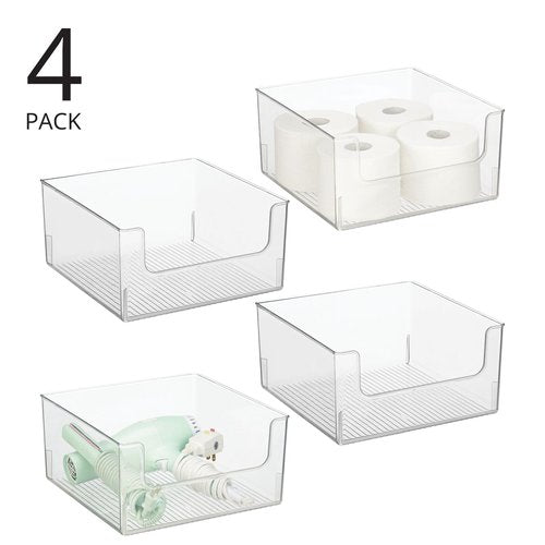 mDesign Modern Wide Plastic Open Front Dip Storage Organizer Bin Basket for Bathroom Organization - Vanity Shelf, Cubby, Cabinet, and Closet Organizing Decor - Ligne Collection - 4 Pack - Clear