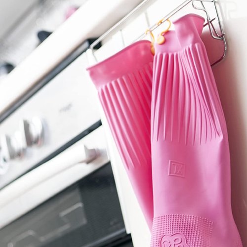 Myungjin 2 Pairs Reusable Waterproof Non-Slip Honeycomb Grip Latex Rubber Gloves with Hang-Dry Hooks/Hanging Loops for Dishwashing Household Cleaning Cooking (Medium)