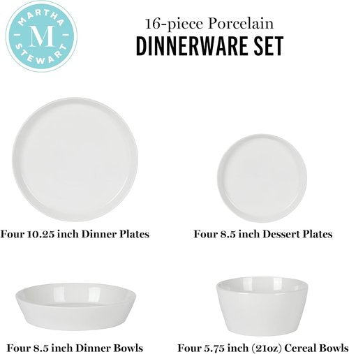 Martha Stewart Selma Dinnerware Set - Chip & Scratch Resistant, 16-Piece Service for 4 | White Plates & Bowls, Dishwasher & Microwave Safe