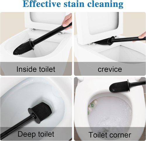 GAXMNS Silicone Toilet Brush and Holder Bendable Efficient Cleaning Wall Mounted Toilet Bowl Brush with Long Handle Brush Head and Silicone Bristles No Rusty Handles Problem (Black)