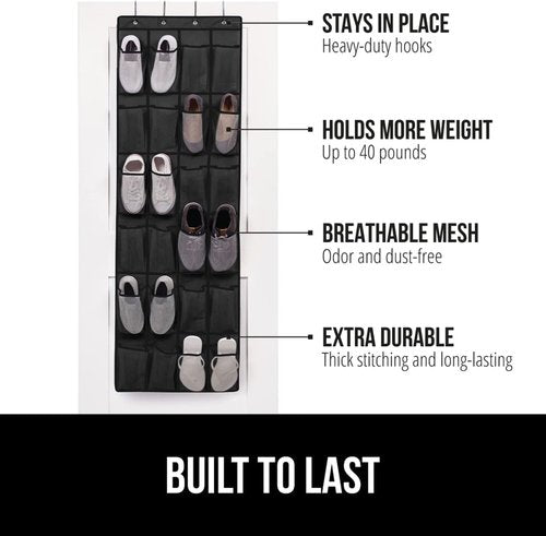 GORILLA GRIP Shoe Organizer & Headboard Gap Pillow Bundle - 24 Pockets Black & King Size Gray for Head and Neck Support