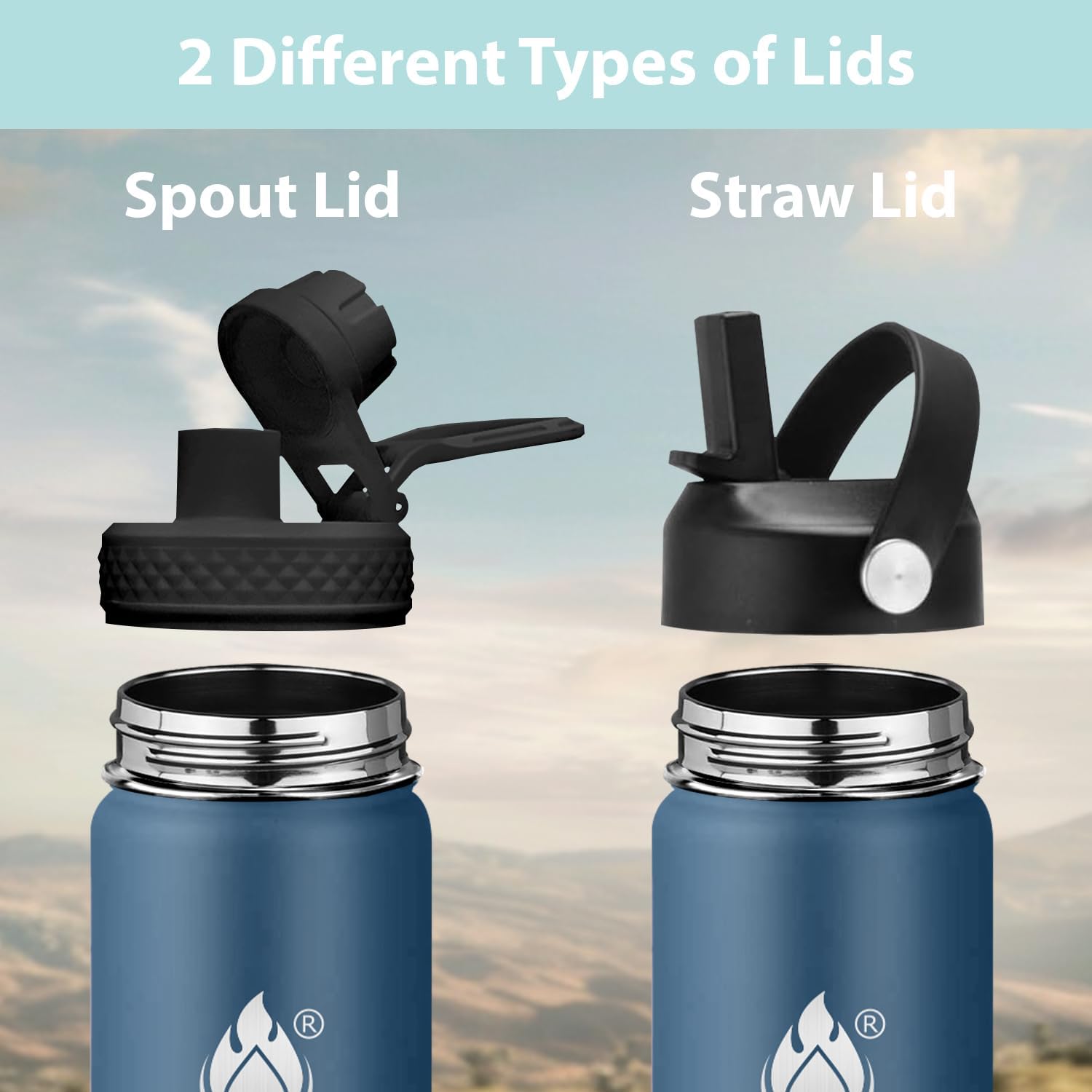 Skiennix Insulated Water Bottle - 32 Oz Stainless Steel Wide Mouth | Double Wall Vacuum, Leak Proof, Straw Lid & Spout Lid, Keeps Drinks Cold or Hot for 24 Hrs