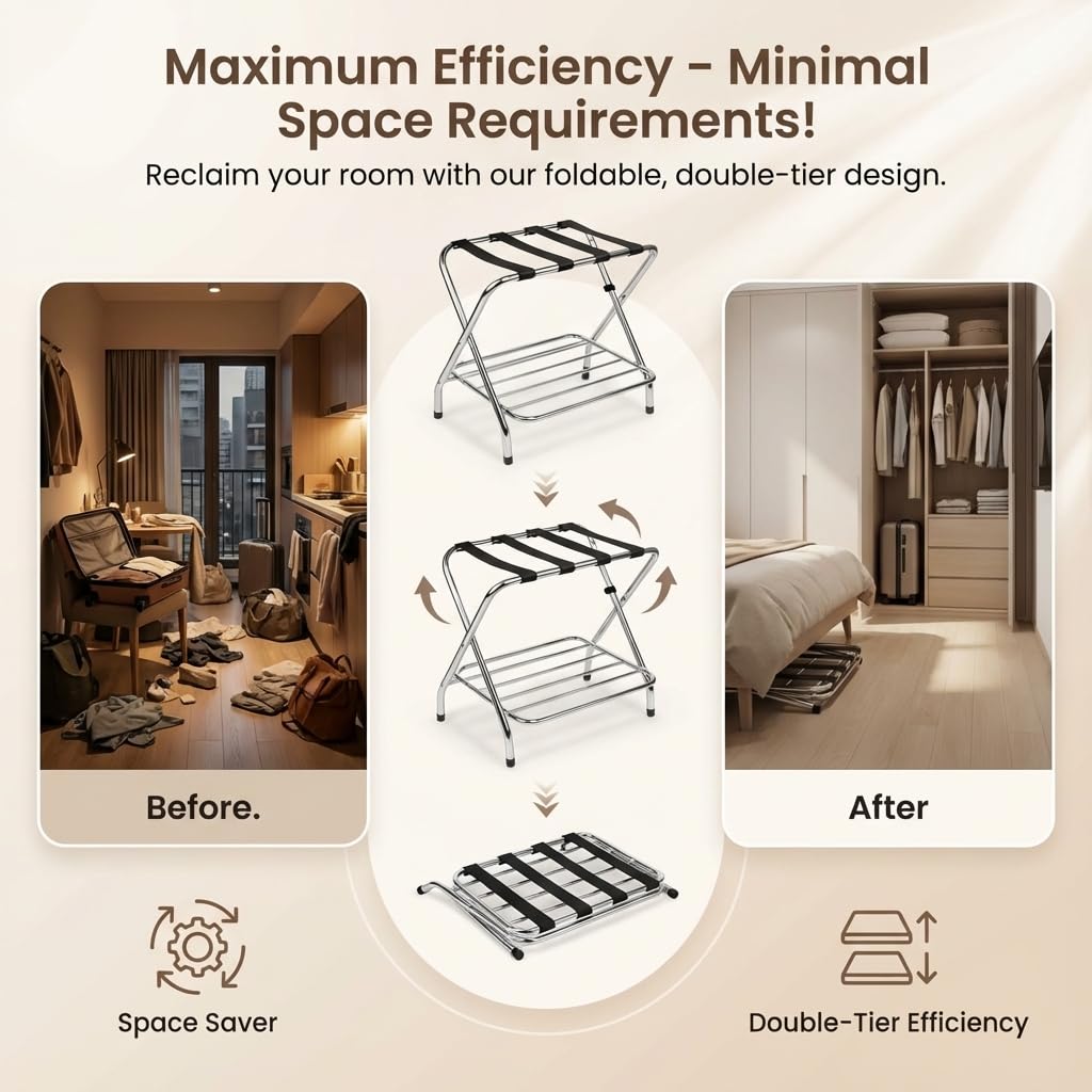 USTECH Luggage Rack double tier for Guest Room ,Chrome, Foldable Suitcase Stand with Straps,self assemble – Heavy Duty Luggage Stand for Bedroom, Hotel, or Closet Storage(Pack of 1)