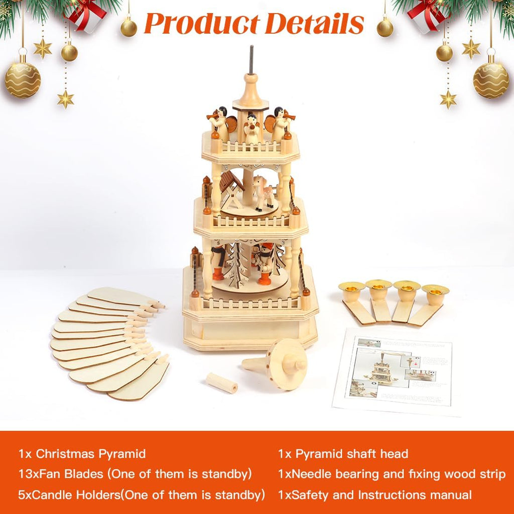Rotating Christmas Pyramids - 18-Inch Wood Nativity Scene Set with 4 Candle Holders | 3-Tier Carousel