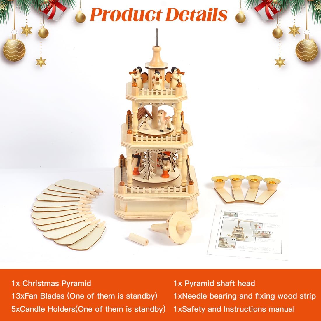 Rotating Christmas Pyramids - 18-Inch Wood Nativity Scene Set with 4 Candle Holders | 3-Tier Carousel