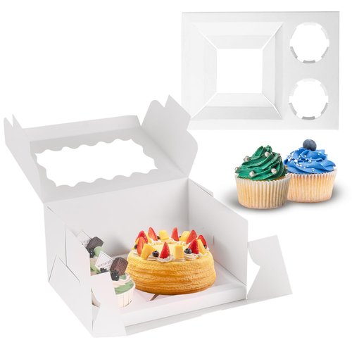 JCD 8 Packs Bento Cake and Cupcake Box 3 Holes Fit 2 Cupcakes and 1 Mini Cake Box with Clear Window and Stickers for Wedding Birthday Party Bakery Baking Supplies (1+2/8pcs)