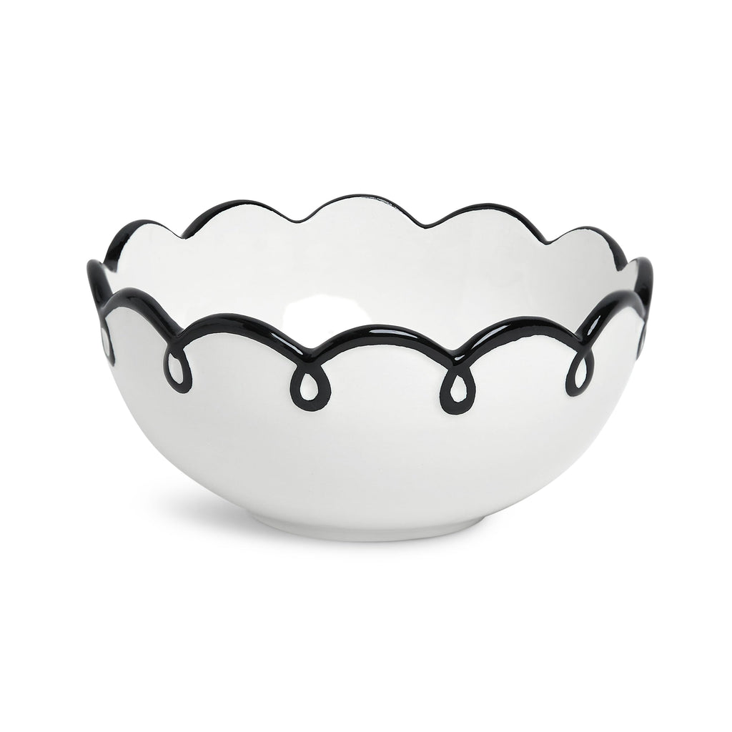 Sango 12-Piece Earthenware Dinnerware Set for 4, Glossy White Plates and Bowls Sets with Black Scalloped Rims, Premium Dish Set, Dishes for Hosting Parties, Birthday & Wedding Gifts, Splash of Cheers