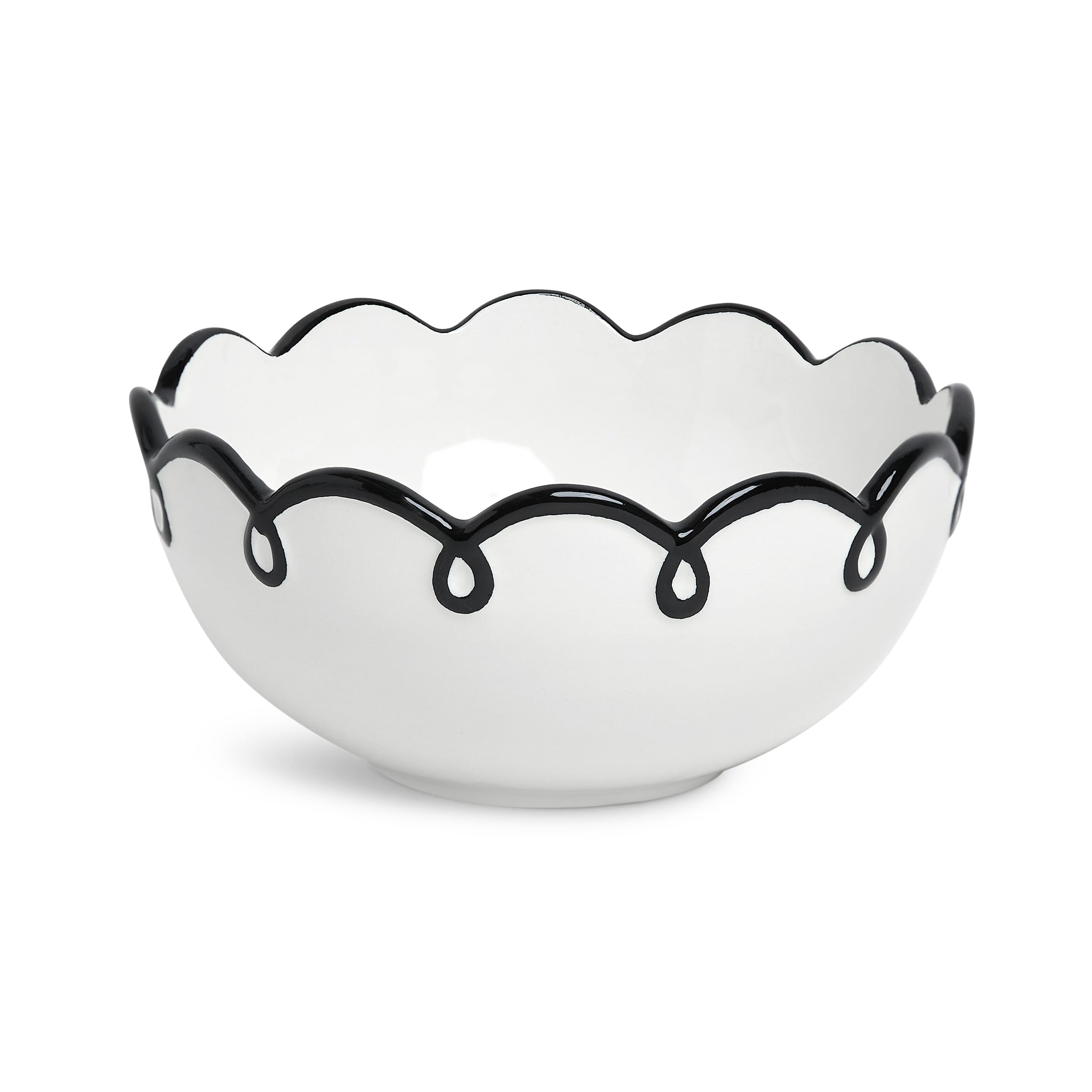 Sango 12-Piece Earthenware Dinnerware Set for 4, Glossy White Plates and Bowls Sets with Black Scalloped Rims, Premium Dish Set, Dishes for Hosting Parties, Birthday & Wedding Gifts, Splash of Cheers