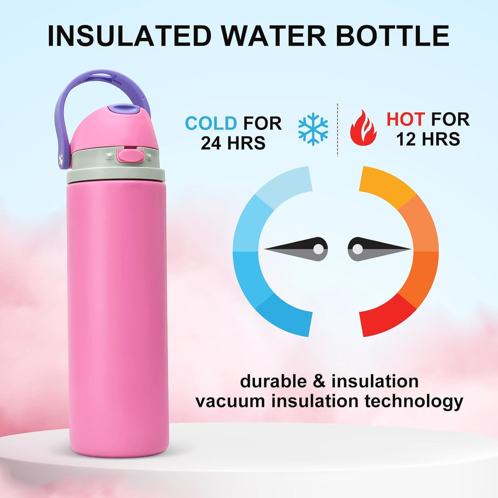 Skiennix 24 oz Insulated Water Bottle - Leak Proof Stainless Steel with One-Touch Flip Lid & Straw | Pink