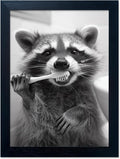 Raccoon Bathroom Art | Funny Black and White Animal Wall Decor | Framed Brushing Teeth Print