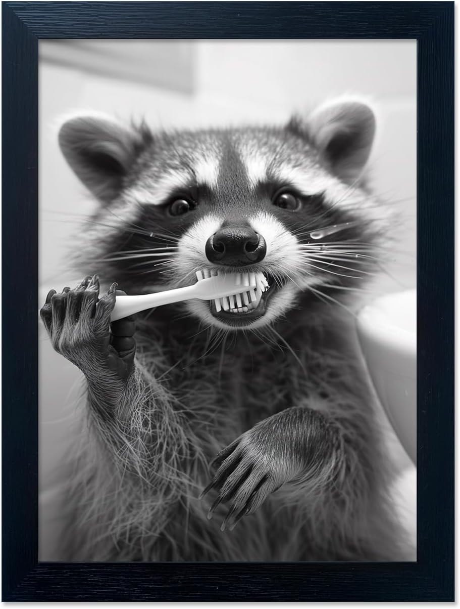 Raccoon Bathroom Art | Funny Black and White Animal Wall Decor | Framed Brushing Teeth Print