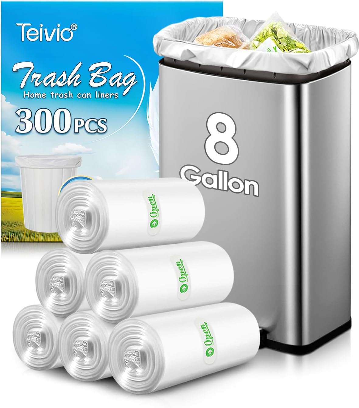 Teivio 8 Gallon Unscented Trash Bags - 300 Count Thick Plastic Liners for Home & Office | Clear