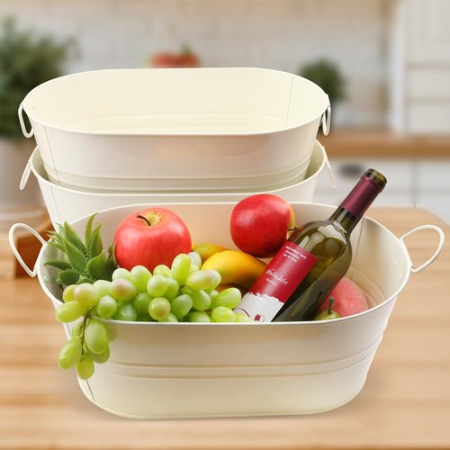 3 PCS 15.3 x 9 x 6 inches White Metal Galvanized Tub with Handles, 3 Gallon Galvanized Beverage Tubs for Parties, Large Metal Drink Ice Buckets for Beer, Wine, Cocktails & Outdoor Events