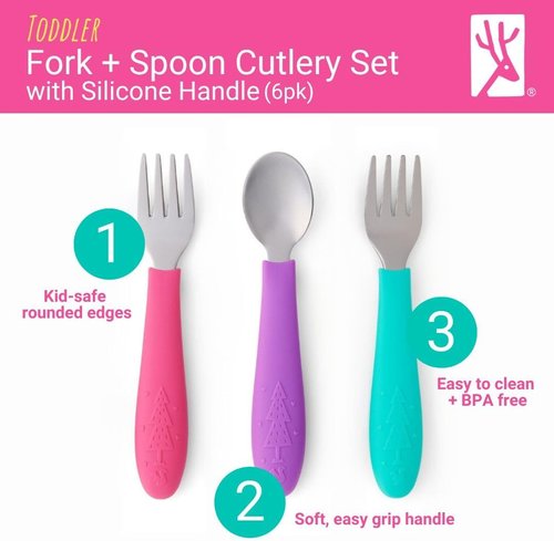 Elk and Friends Kids Silverware Set - Safe Silicone Handle Toddler Utensils | 6-Piece Stainless Steel Cutlery