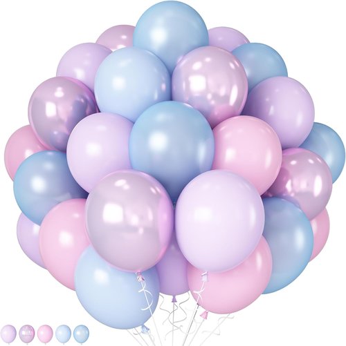HILAVO 12-Inch Metallic Pastel Balloons - 60Pcs Iridescent Pink, Blue & Purple for Birthday Parties