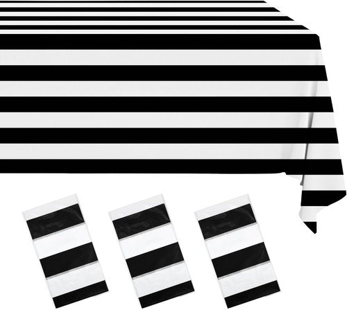 Gingham Tablecloths by [Brand Name] - 3 Pack Waterproof Plastic Covers | 54 x 108 Inch Black and White Stripe for Parties & Picnics