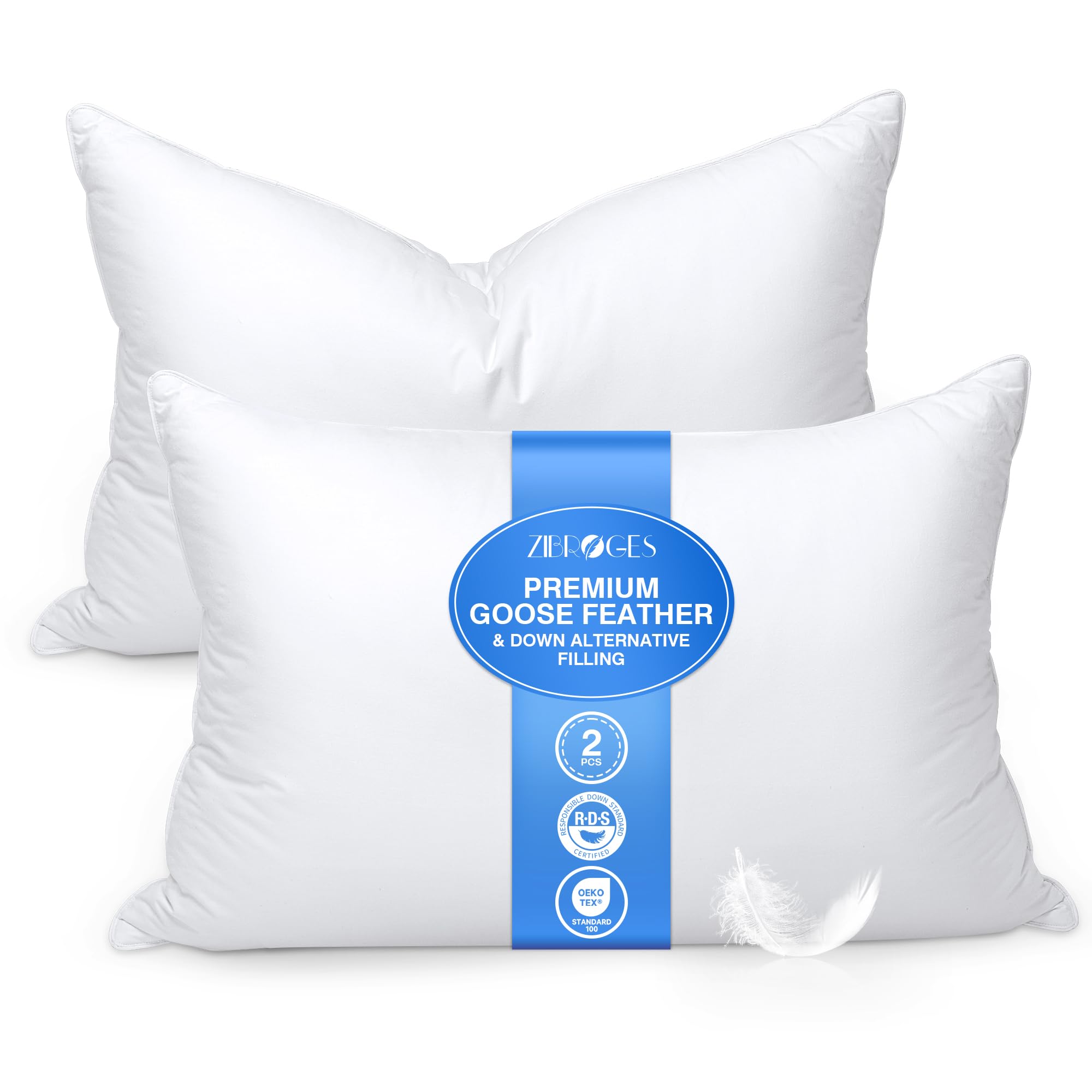 zibroges Ultra Soft Goose Feather Pillows Queen Size Set of 2 - Hotel Bed Pillow for Sleeping, (Down Fiber) Fluffy Support Surround Fill Polyester for Back, Stomach, Side Sleepers (Soft)