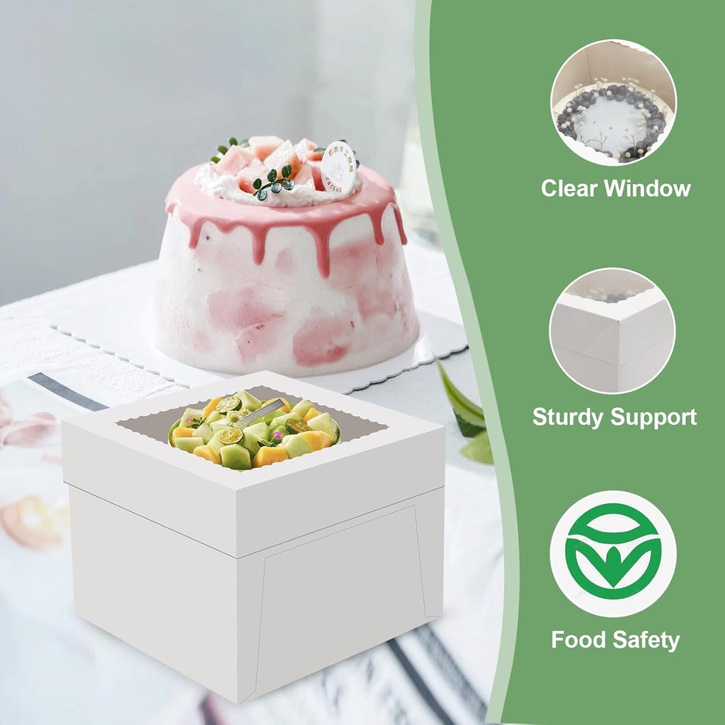 Skiennix Cake Boxes - 12x12x8 Inches Tall White Bakery Boxes with Large Window | 2 Pack, Disposable Transport Containers for Cakes, Cookies, Pies, Weddings, Birthdays