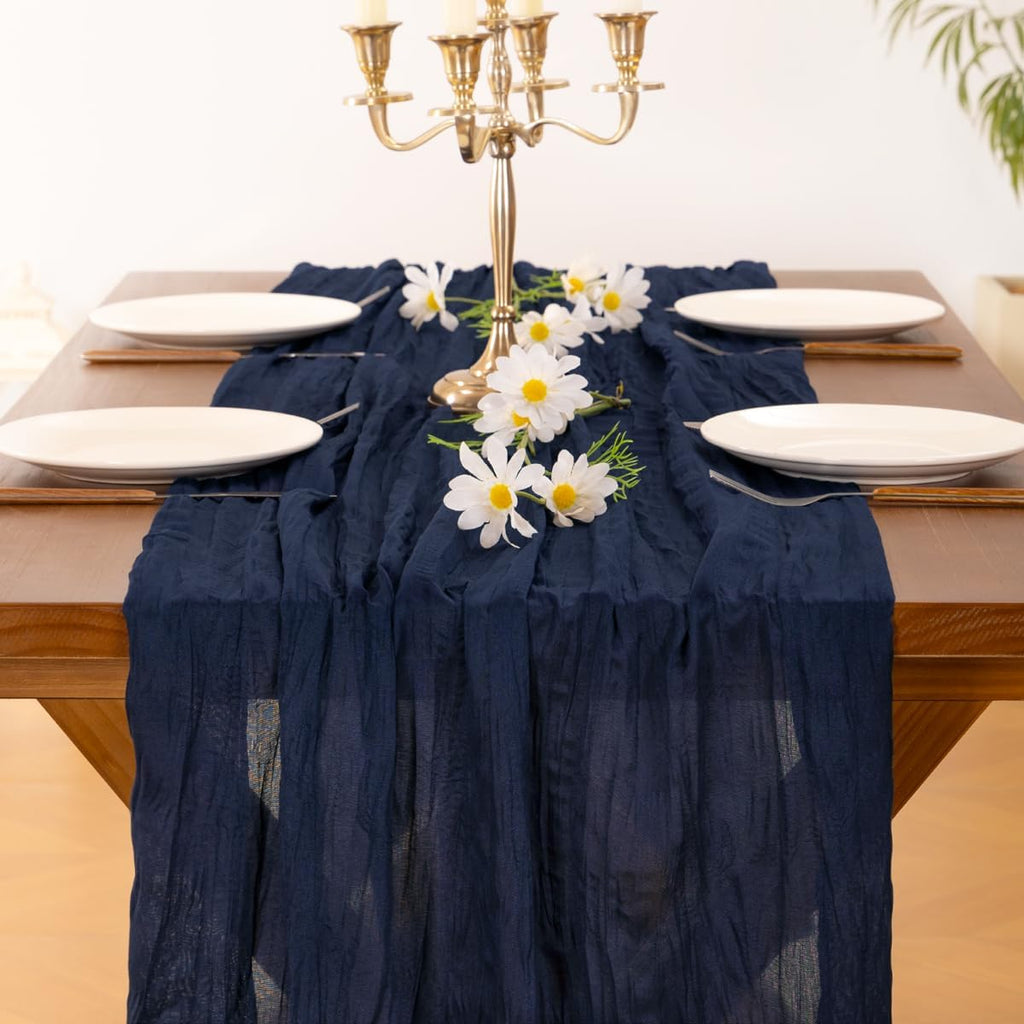 Socomi Cheesecloth Table Runner - 10pcs Navy Blue Boho Rustic Design | 120 Inch for Weddings & Events