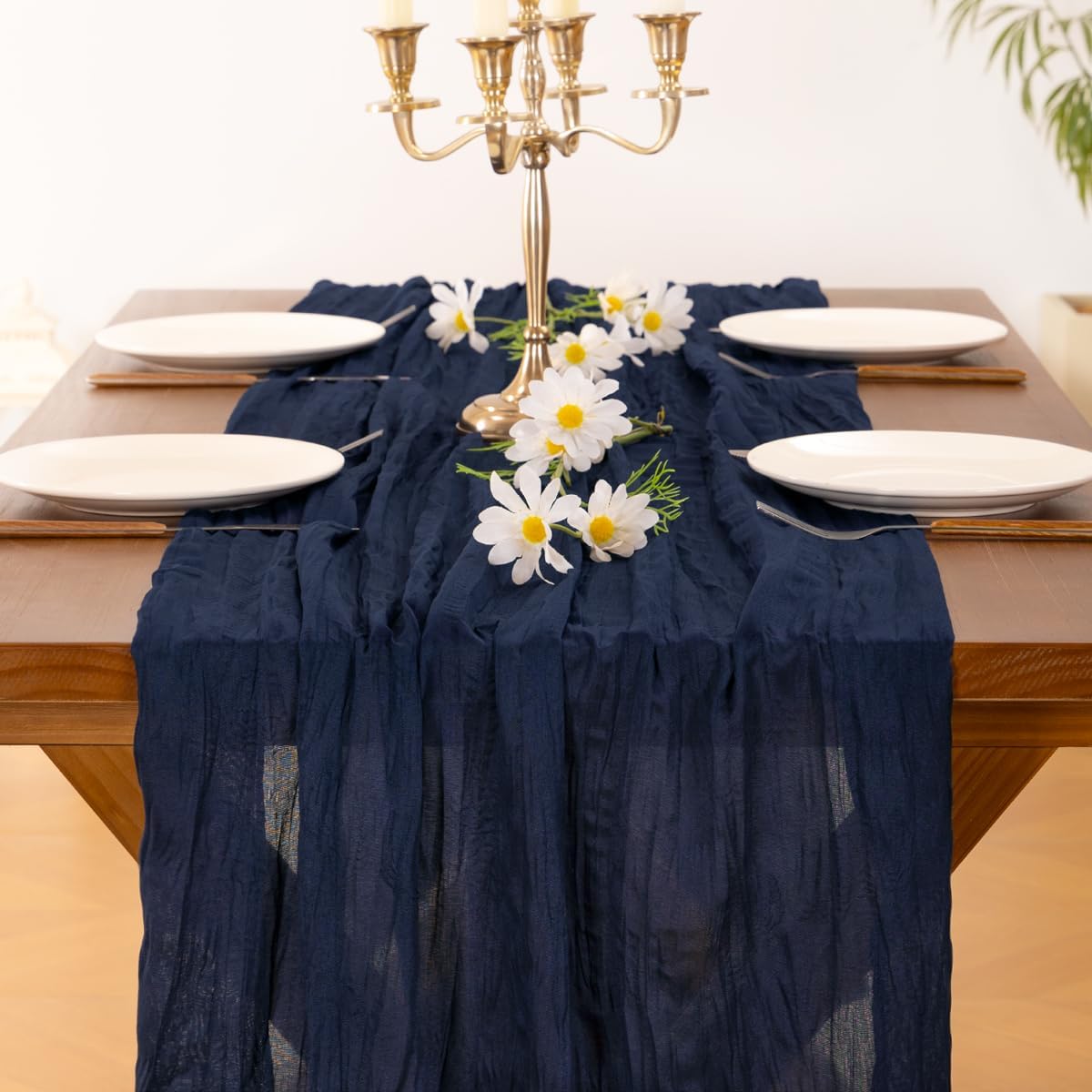Socomi Cheesecloth Table Runner - 10pcs Navy Blue Boho Rustic Design | 120 Inch for Weddings & Events