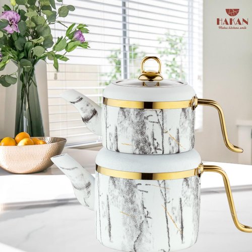 Hakan Melody Turkish Tea Pot Set | 3.5 L Tea Kettles for Stovetop with Stainless Steel Handless and Glass Lid | Aluminum Body Tea Maker | Double Stovetop Kettles with Granite Cover, White 3.6 qt