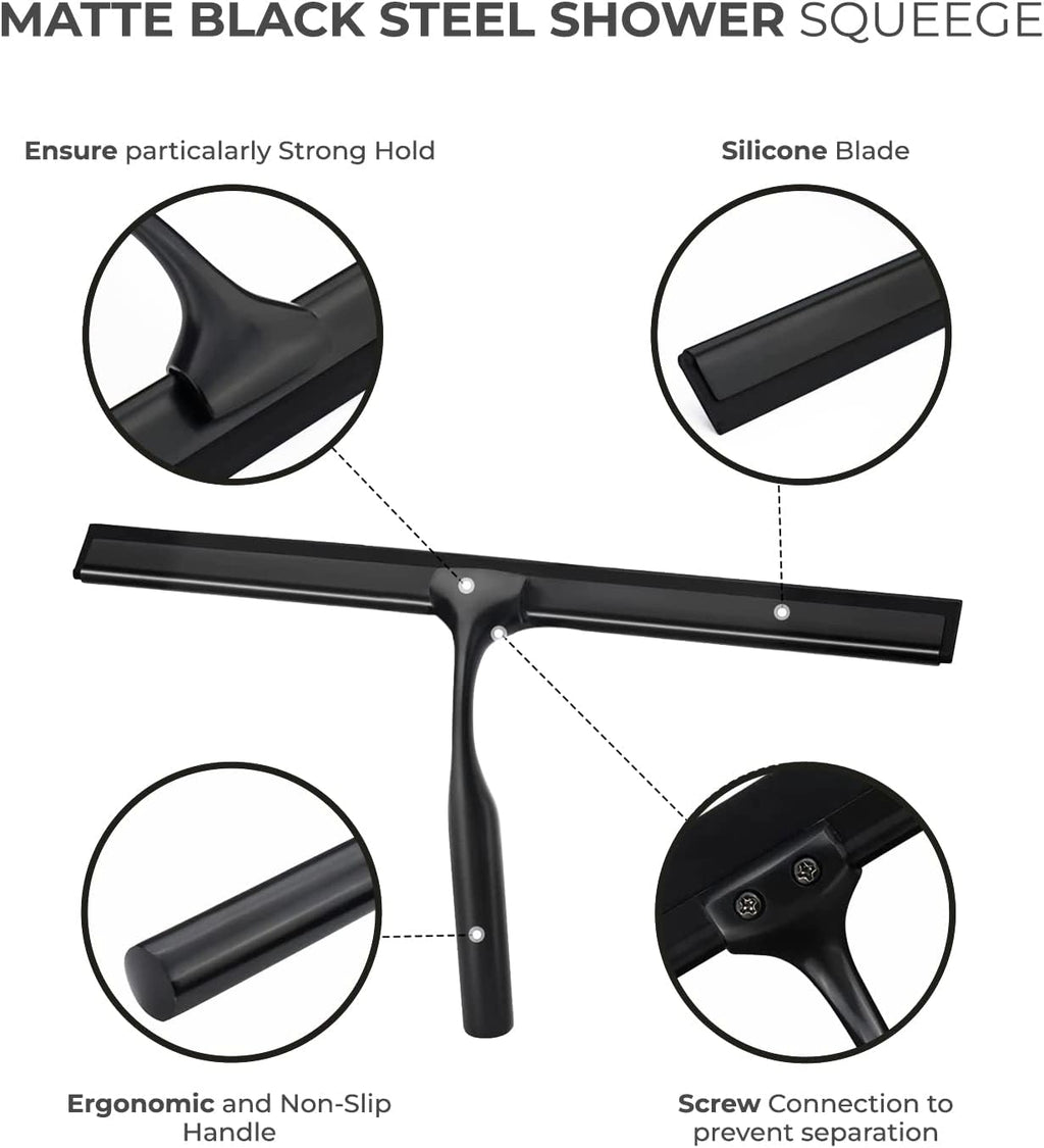 Skiennix Matte Black Shower Squeegee - 10 Inch Glass Cleaner Tool with Adhesive Hooks for Bathroom & Car