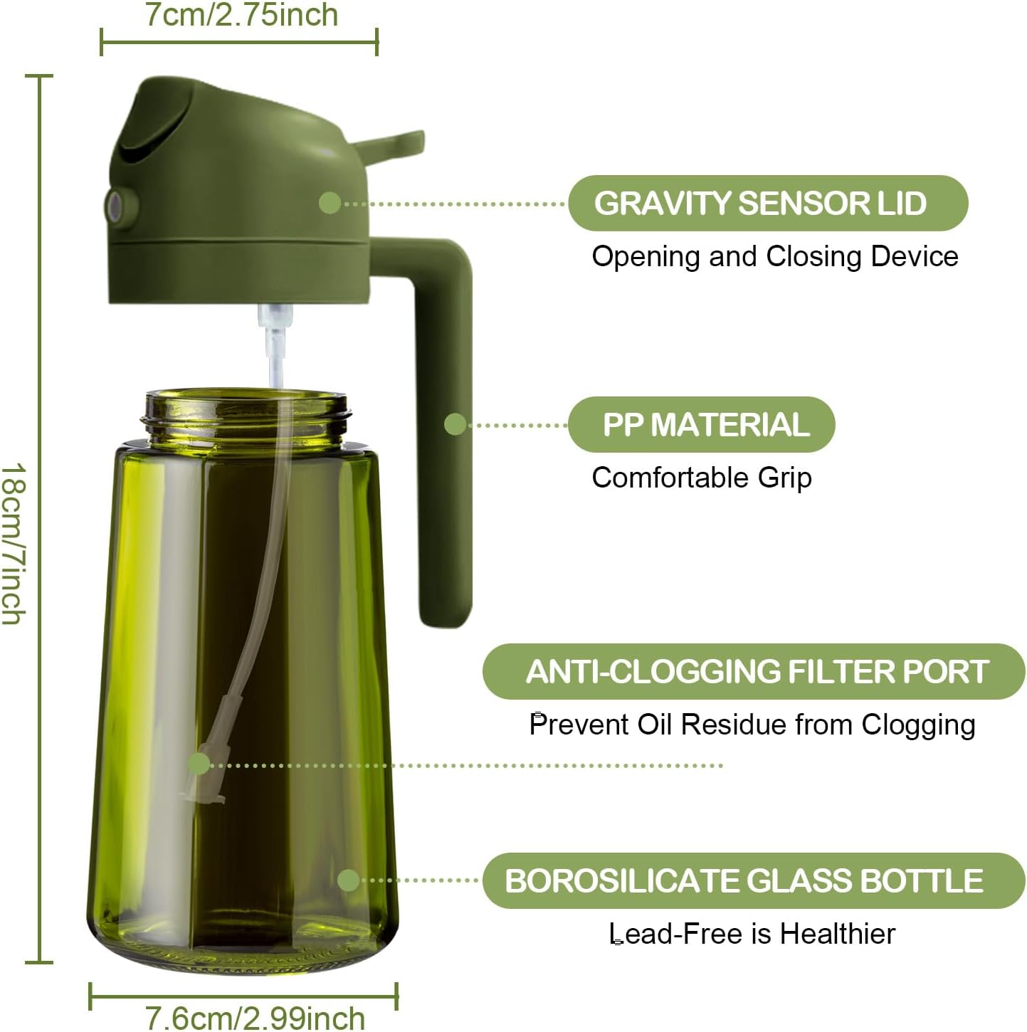 YARRAMATE 2Pcs Dark Green Oil Sprayer - 16oz Food-Grade Olive Oil Dispenser for Cooking & BBQ