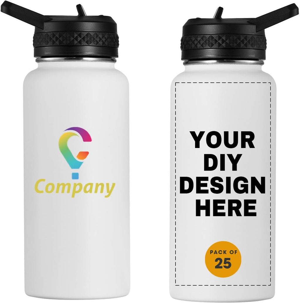 Skiennix Personalized Water Bottles - Custom Text Logo Print | 32oz, 25 Pcs, Double Wall, Leakproof