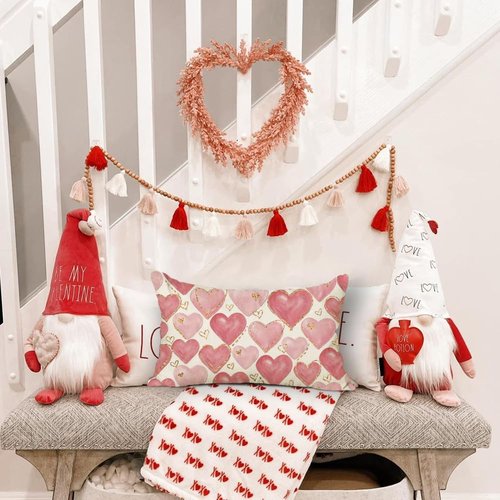 RABUSOFA Valentines Pillow Covers 12x20 Inch,Pink Hearts Golden Decorative Wedding Outdoor Lumbar Cushion Case Decoration for Home Sofa Couch(Pink, 20" x 12" (Pack of 1))
