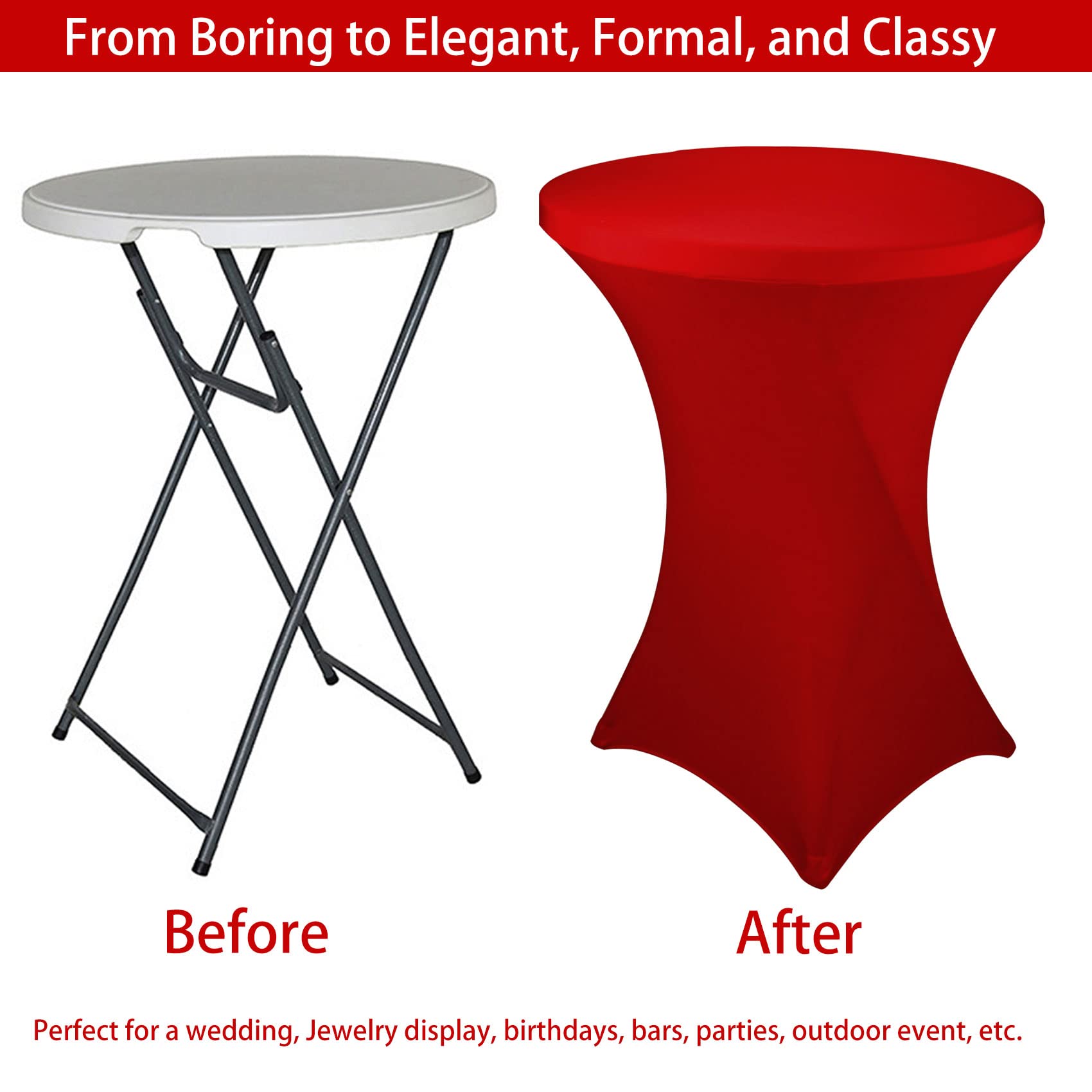 JALANCY 6 Pack Cocktail Spandex Tablecloth 32"x43" Red Stretch Square Corners Cocktail Table Cover Fitted High Top Round Table for Bar Wedding Birthday Party Banquet