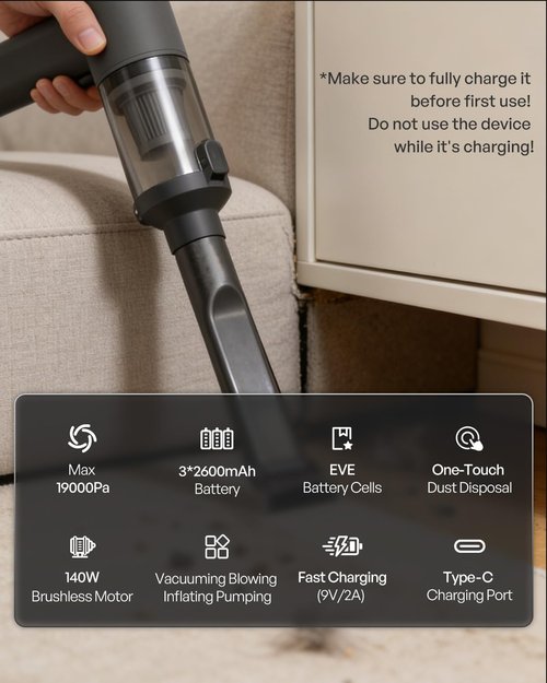 Handheld Car Vacuum Cordless, 140W, 19000Pa Powerful Suction, Max 40 Mins Runtime, Brushless Motor, Rechargeable 7800mAh Battery, One-Touch Dust Disposal, Portable Vacuum for Car, Home, Office, Pets