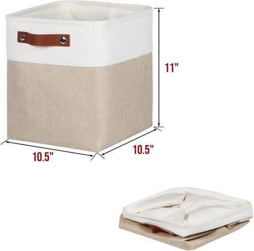 Kntiwiwo Fabric Storage Cubes - Foldable 10.5”x10.5”x11” Closet Organizers | 6-Pack Beige with PU Leather Handles