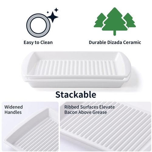 Dizada Microwave Bacon Tray 13"x10" Set of 2 - Porcelain Bacon Cooker for Microwave, Ceramic Bacon Rack for Sausages, Hot Dogs, Dishwasher Freezer Safe