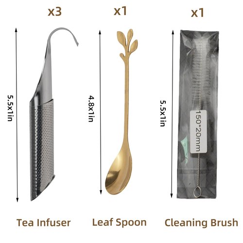 CEYAZYE 3PCS Stainless Steel Tea Infuser Set for Loose Leaf Tea, Includes Elegant Spoon and Cleaning Brush, Perfect Fine Mesh Strainer, Metal Diffuser, Pipe Tea Steeper for Loose Tea, Coffee, Spices