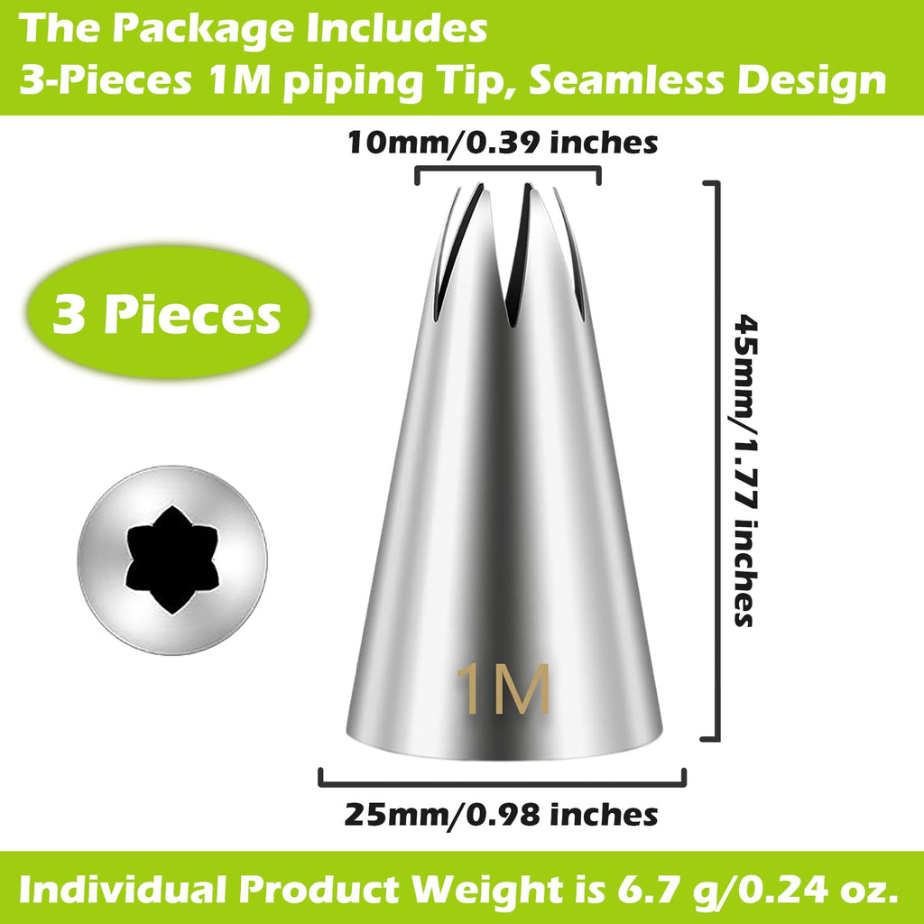 Suuker 1M Cake Decorating Tips, Seamless Stainless Steel Large Star Piping Tips Set, Open Star Frosting Tips for Cupcakes, Cookie and Cake Decorating, 3 Pieces
